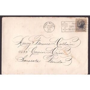 Vtg 1963 Calligraphy Envelope Fort Wayne Indiana Postmark 5c Washington Stamp